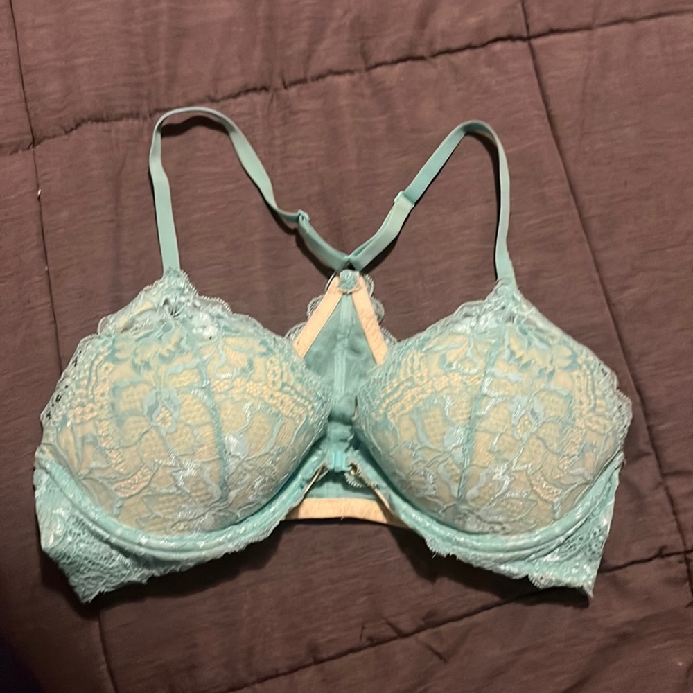 Victoria’s Secret PINK teal and lime t-strap bra. Front closure.